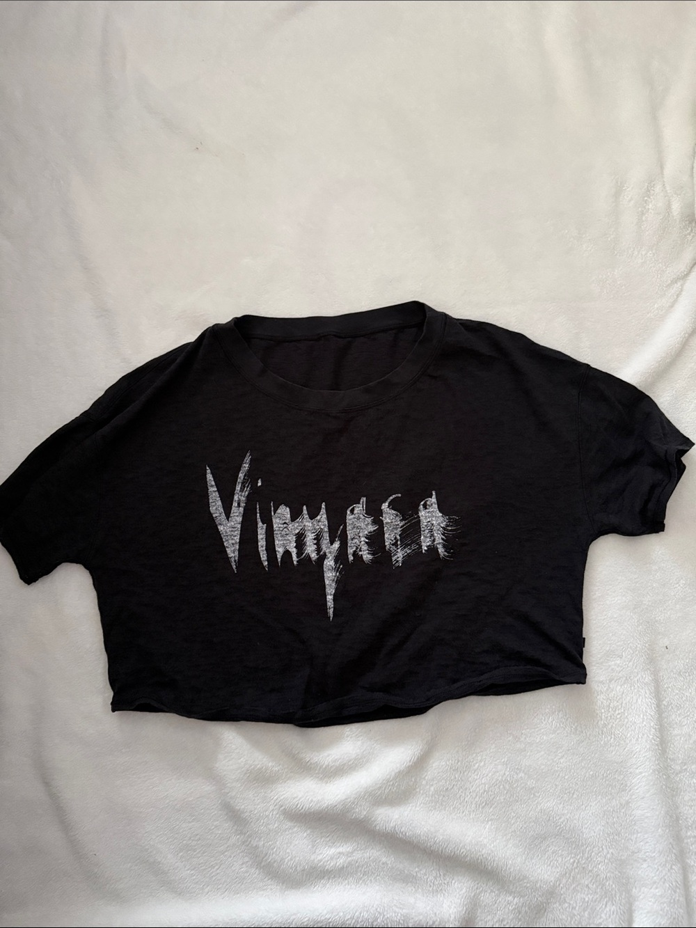 LULULEMON Black Cropped Graphic Tee with Distressed Silver Print